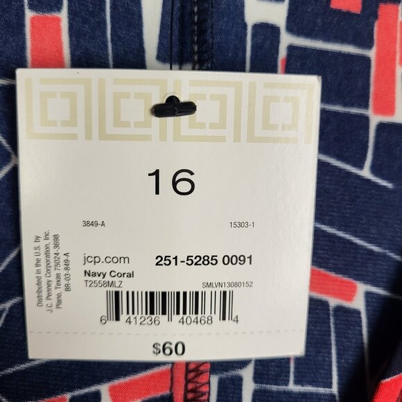 Liz Claiborne Dress Women's 16 Blue Red Faux Wrap Rusched Waist Office Career - Picture 7 of 10